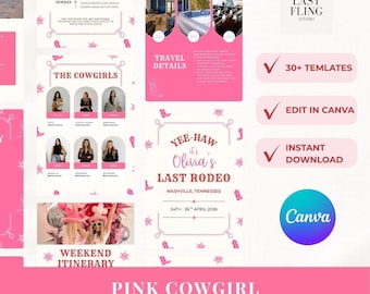 May include: A digital collection of pink and white hen party itinerary templates featuring cowgirl motifs, cowboy boots, and stars. The designs include sections for travel details, bridal party introductions, and weekend schedules for Olivia's Last Rodeo.