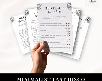 May include: A set of white paper game cards with black text and disco ball graphics. The top card is titled Red Flag / Green Flag and lists numbered statements with red and green flag icons. Other visible cards include Hen Scavenger Hunt.