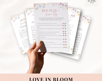 May include: A set of printed game cards with a floral border featuring the text Red Flag / Green Flag and Hen Scavenger Hunt. The cards include lists of statements with red and green flag icons, checkboxes, and blank spaces for writing game answers.