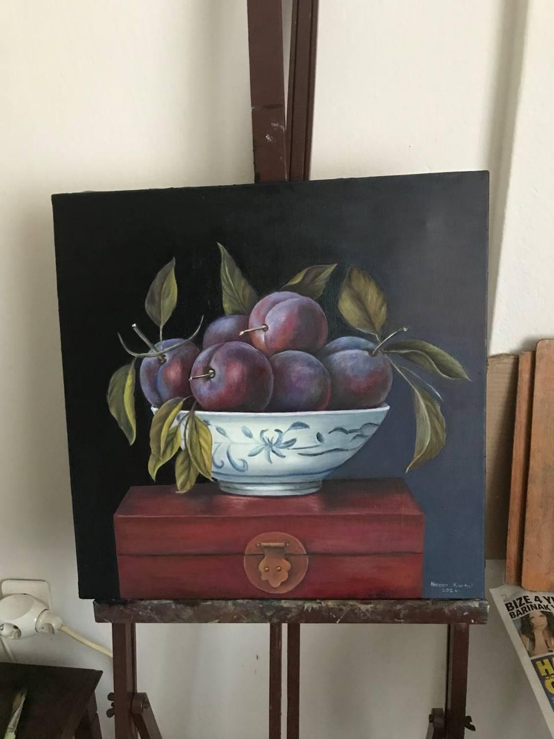 Plums in a Blue Bowl – Original Still Life Oil Painting, Bold and Moody ...