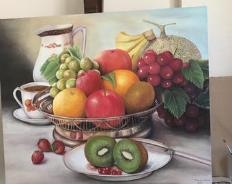 Fruit Still Life Oil Painting, Realistic Kitchen Wall Art, Original Oil on Canvas, Dining Room Decor, Colorful Food Art, Handmade Fine Art