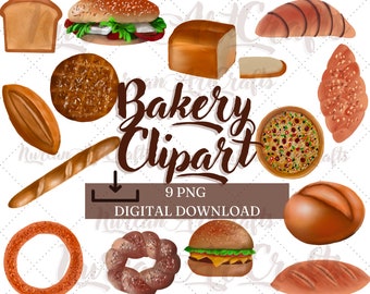 May include: A collection of nine digital illustrations of various bakery items, including bread, rolls, pastries, and a pizza. The illustrations are in a watercolor style and feature realistic details. The text "Bakery Clipart" is written in brown cursive lettering.