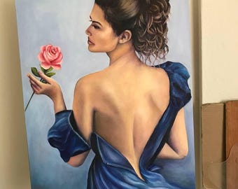 Original Oil Painting Woman Portrait, Large Figurative Wall Art, Hand Painted Canvas Art, Blue Dress Painting 70x50 cm