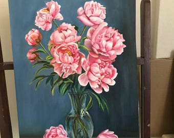 ピンクのバラの花の油絵オリジナルバラの絵静物油絵キャンバスピンクの