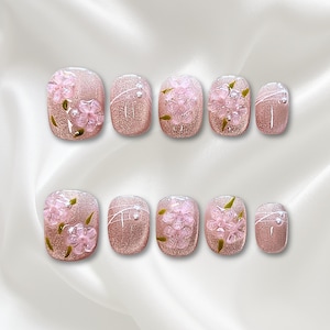 SACURA SPARKLE NAILS - Pink Glitter Press-On-Nägel mit 3D-Kirschblüten-Akzenten, Florales Nageldesign, wiederverwendbare Sakura Nägel, handgefertigte Nägel