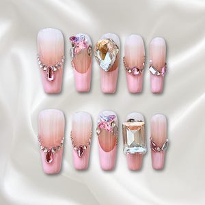 CRYSTAL PINK FRENCH– Pink French Tip Press-On Nails with Large Rhinestones & Gem Charms, Sparkly Handmade Luxury Nail Set, Germany Nails