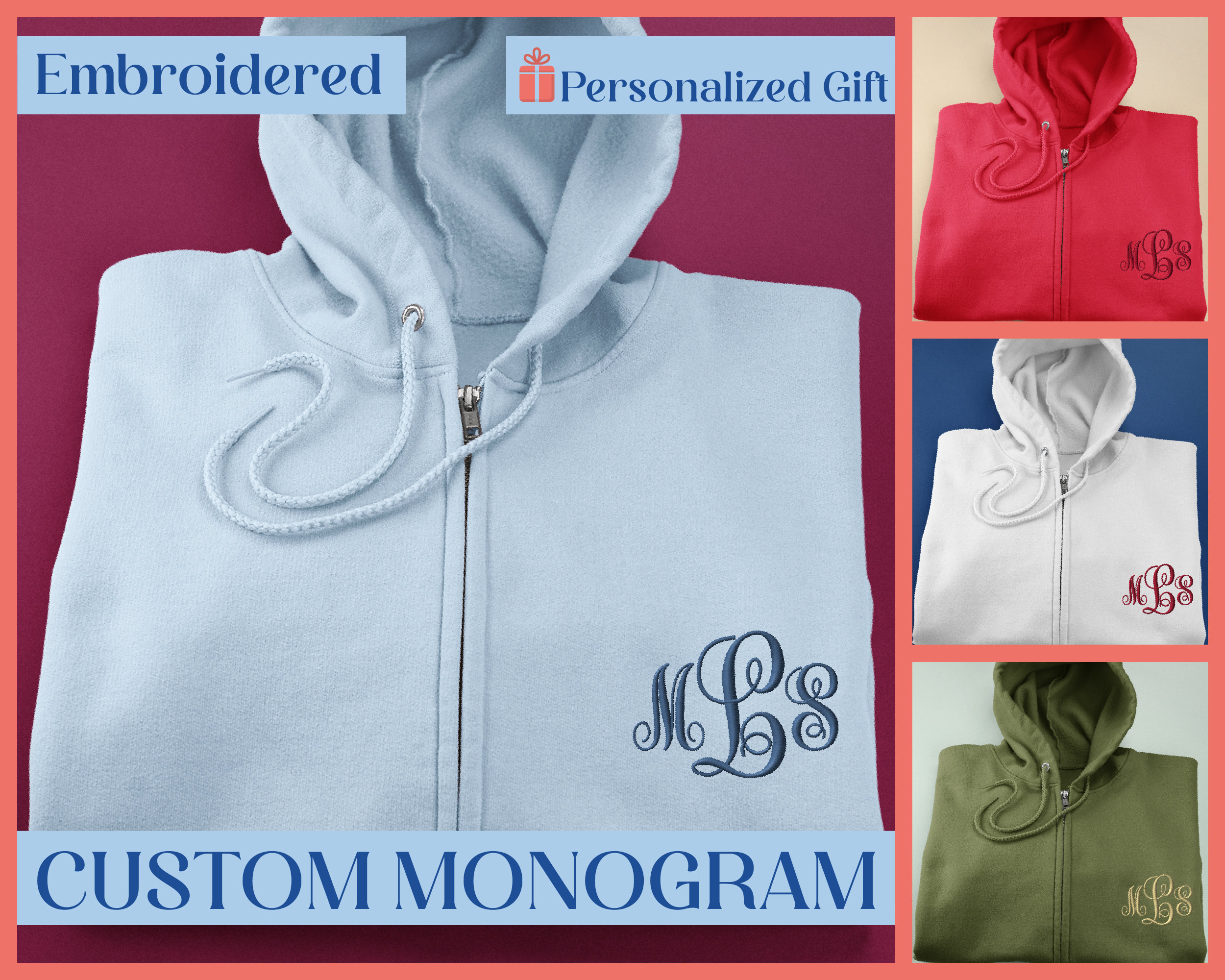 EMBROIDERED Personalized Monogram Full Zip Hoodie Custom 