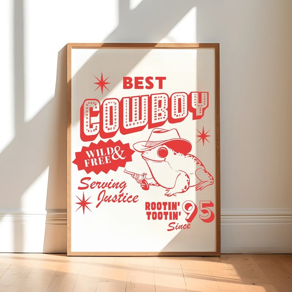 Cowboy Frog Poster, Vintage Western Wall Art, Retro Illustration, Trendy Wild West Aesthetic Decor, Cute Prints Gift - UNFRAMED