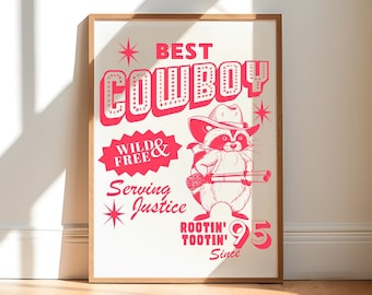 Cowboy Raccoon Poster, Vintage Western Wall Art, Retro Red Illustration, Trendy Wild West Aesthetic Decor, Cute Preppy Prints - UNFRAMED