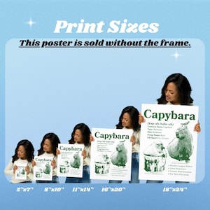 May include: A set of six posters showing different sizes of a poster featuring a capybara. The poster has a green background and features a drawing of a capybara with the text "Capybara (kap-uh-bahr-uh)" and some facts about the animal. The poster sizes are 5"x7", 8"x10", 11"x14", 16"x20", and 18"x24".