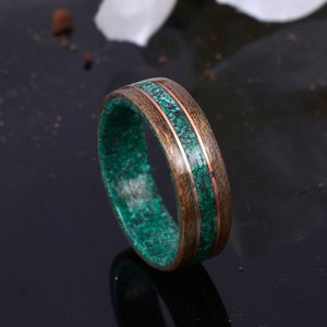 Malachite Ring Copper Wire Inlay Grey Wood Ring Wooden Wedding Band Engagement Ring Wood and Metal Ring Mens Wedding Ring Malachite Inlay