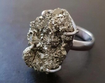 Natural Raw Pyrite Ring Rough Stone Ring Raw Pyrite Crystal Ring Gift For Her 925 Sterling Silver Fool's Gold Ring Pyrite Jewelry