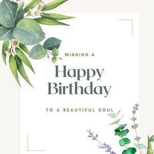 Impressão digital de cartão de aniversário floral (feminino, flores roxas, folhas verdes, atencioso, bonito, gentil, amigo, família, violeta)