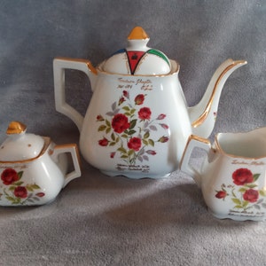 Vtg Masonic La Orden de la Estrella Oriental OES Set de Té Tetera Crema/Azúcar Pintado a Mano