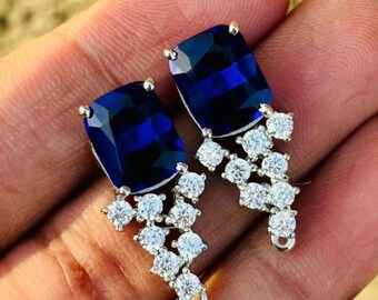 Cushion Cut Sapphire Drop Earrings | Sterling Silver Zircon Dangle