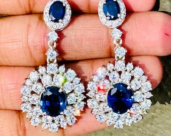 Blue Sapphire Halo Drop Earrings | Silver Bridal Dangle Jewelry