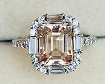 Peach Morganite Engagement Ring: Emerald Cut, Gold Plated Sterling Silver