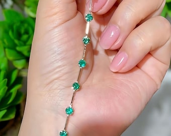 Gold Plated Emerald Tennis Bracelet, Round Cut, Minimalist Jewelry
