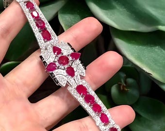 Pulsera Art Déco de rubíes y diamantes, joyería llamativa de plata de ley