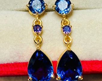 Teardrop Lab Sapphire Dangle Earrings | Gold Plated Sterling Silver