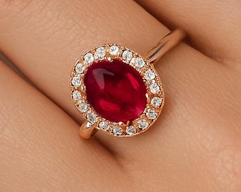 Lab Ruby Rose Gold Ring: Halo Zircon, Elegant Promise Jewelry