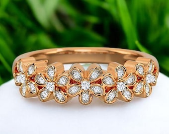 Rose Gold Plated White Zircon Flower Ring: Dainty Floral Band