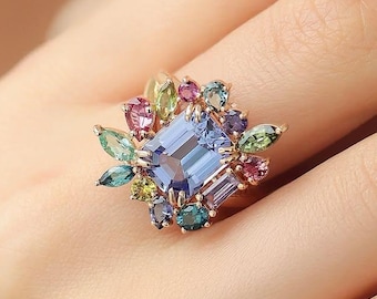 Emerald Cut Gemstone Ring | Gold Plated Floral Cluster Statement Ring