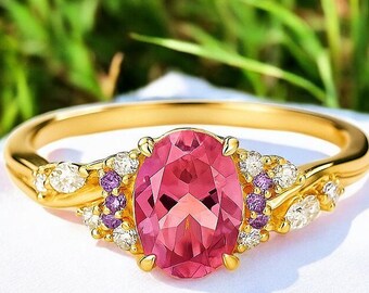 Anillo de turmalina rosa: solitario chapado en oro, piedra de nacimiento de octubre