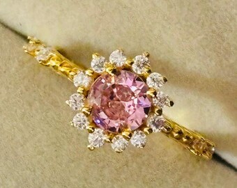 Lab Pink Sapphire Ring | Gold Floral Halo, Zircon Side Stones