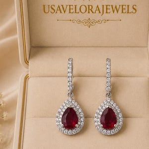 Pendientes colgantes de rubí de 8 x 6 mm, pendientes de rubí talla pera, pendientes de halo de piedras preciosas rojas, pendientes colgantes de plata de ley, regalo de joyería nupcial