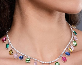 Rainbow Gemstone Choker Necklace: Lab-Created Multicolor Crystal Jewelry