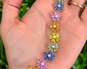 Multi Sapphire Flower Bracelet, 3x5 mm Pear Cut Lab Created Sapphire Bracelet, Floral Tennis Bracelet, 925 Sterling Silver Gift for Women