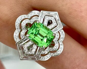 Emerald Cut Tsavorite Ring | White Gold Plated Art Deco Halo