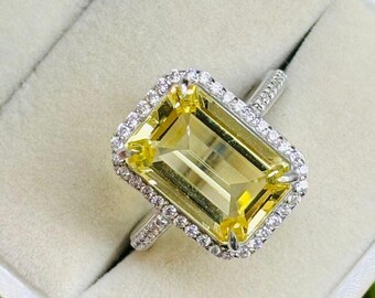 Emerald Cut Lab Yellow Sapphire Ring | Silver Halo Engagement