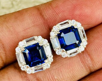 Cushion Cut Sapphire Drop Earrings | Sterling Silver Zircon Halo