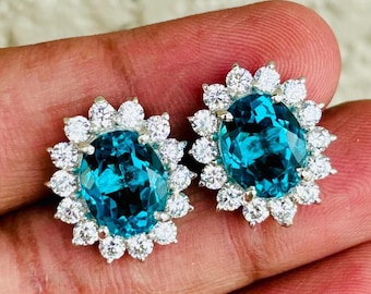 Paraiba Blue Stud Earrings | Sterling Silver Halo, Zircon