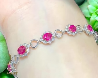 Pink Tourmaline Heart Link Bracelet | Floral Silver Gemstone Jewelry