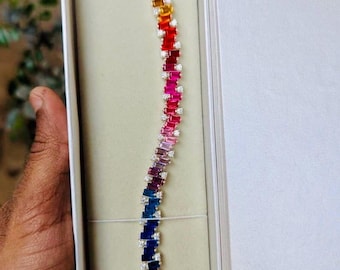 Multi Sapphire Rainbow Tennis Bracelet – 3x5 mm Baguette Cut – Diamond Accent Bracelet – Gold Luxury Jewelry