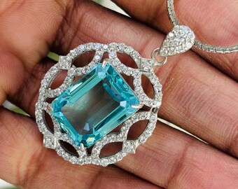 Emerald Cut Paraiba Blue Pendant | Silver Halo Necklace
