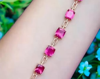 Pink Tourmaline Heart Link Bracelet | Floral gold Plated Gemstone Jewelry