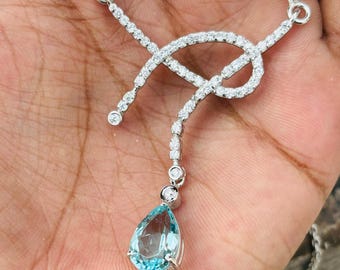 Pear Cut Paraiba Pendant | Silver Halo Necklace, Zircon