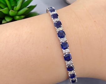 Blue Sapphire & Zircon Silver Tennis Bracelet | Lab-Created Gemstone