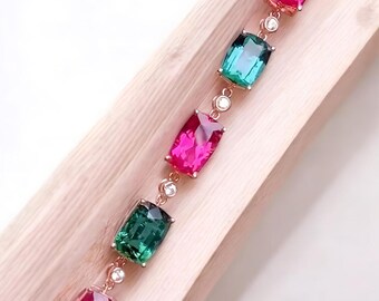 Multi Tourmaline Heart Link Bracelet | Floral gold Plated Gemstone Jewelry