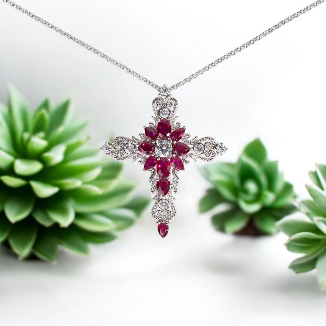 Religious Ruby Sterling Silver Ruby Cross Pendant Necklace, Vintage Religious Jewelry ...