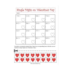 Puede incluir: Una hoja de trabajo imprimible con temática de San Valentín. La hoja de trabajo tiene una cuadrícula de corazones con problemas de matemáticas dentro de cada corazón. Las respuestas a los problemas de matemáticas están en corazones separados que se pueden recortar y pegar en la hoja de trabajo.
