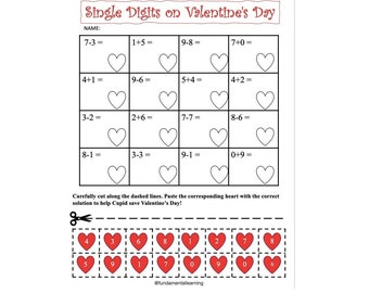 Kindergarten Valentine Worksheet, First Grade Valentines Worksheet, Single Digit Activity Worksheet, Single Digit Addition & Subtraction