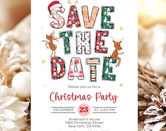 Invitación para fiesta de Navidad, invitación para reservar la fecha, invitación para fiesta navideña con amigos, invitación de Navidad editable, WSCH01