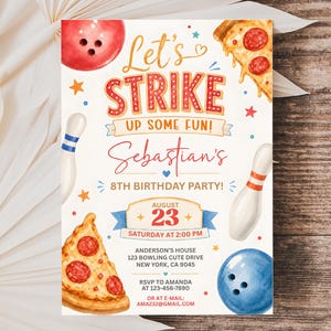 Bowling Birthday Invitation, Bowling Pizza Party Invitation, Boy Bowling Invite Digital or Printed WSBW01