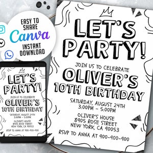 Modèle d’invitation d’anniversaire en noir et blanc, TOUT ÂGE, Invitation d’anniversaire à téléchargement instantané pour garçons adolescents enfants filles, Canva, EDITABLE NSW22