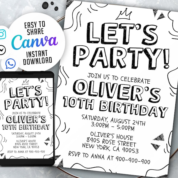 Black and White Birthday Invitation Template, ANY AGE, Instant Download Birthday Invitation for Boys Teens Kids Girls, Canva, EDITABLE NSW22